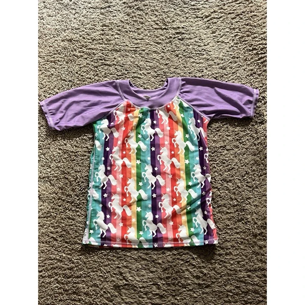 Girls Rash Guard SZ XL Short Sleeve Swim Beach Sun Unicorns Colorful Nylon